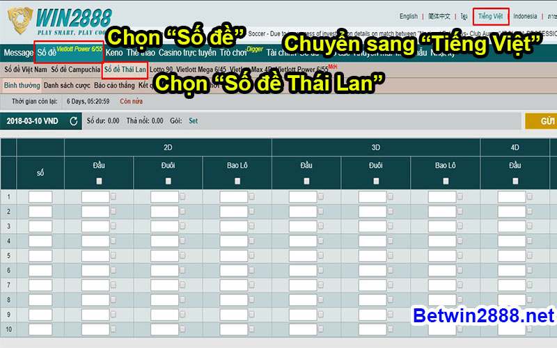 Cách Chơi lô đề Thái Lan tại Win2888